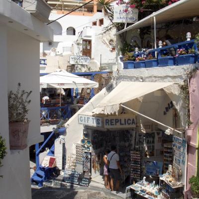 Varied mix of boutiques, souvenir stores and restaurants on Firas Caldera Alley