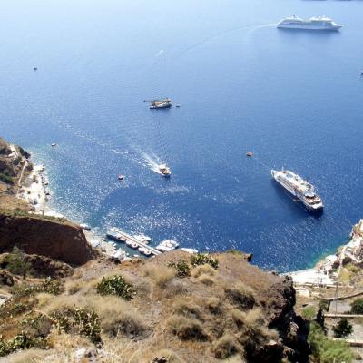 View of the old port and the deep blue sea of santorini